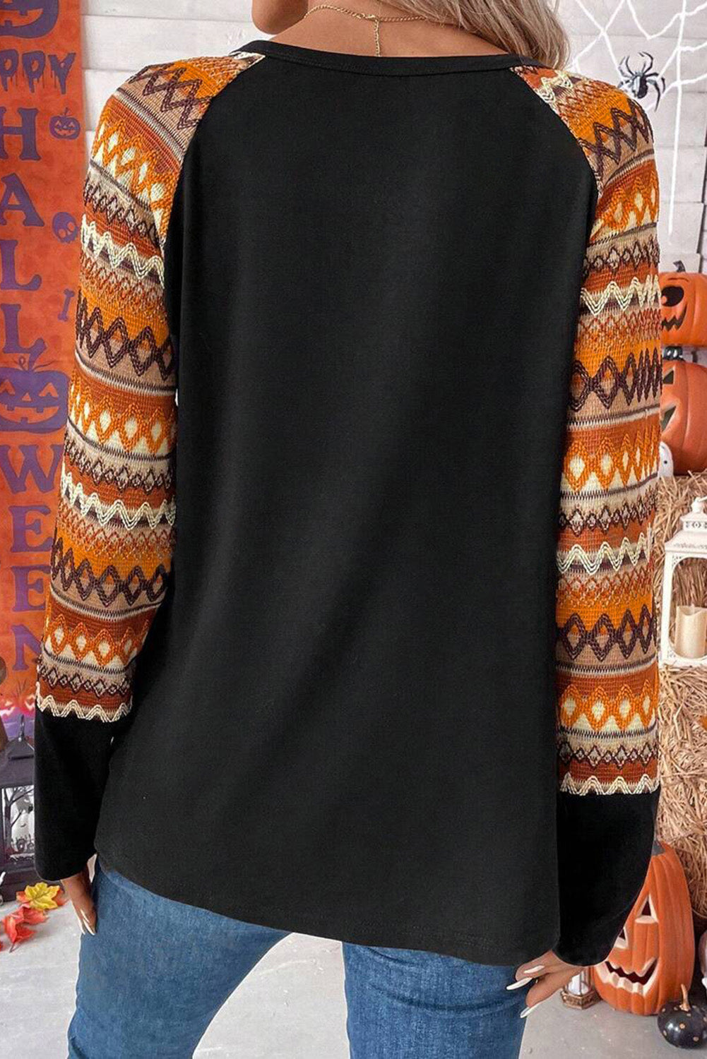 Orange Cute Pumpkin Graphic Geo Print Raglan Long Sleeve Tee