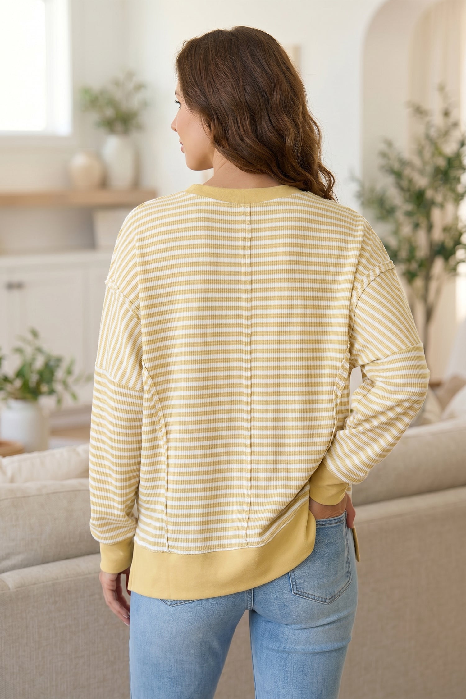 Khaki Stripe Textured Knit Color Block Trim Split Hem Long Sleeve Top