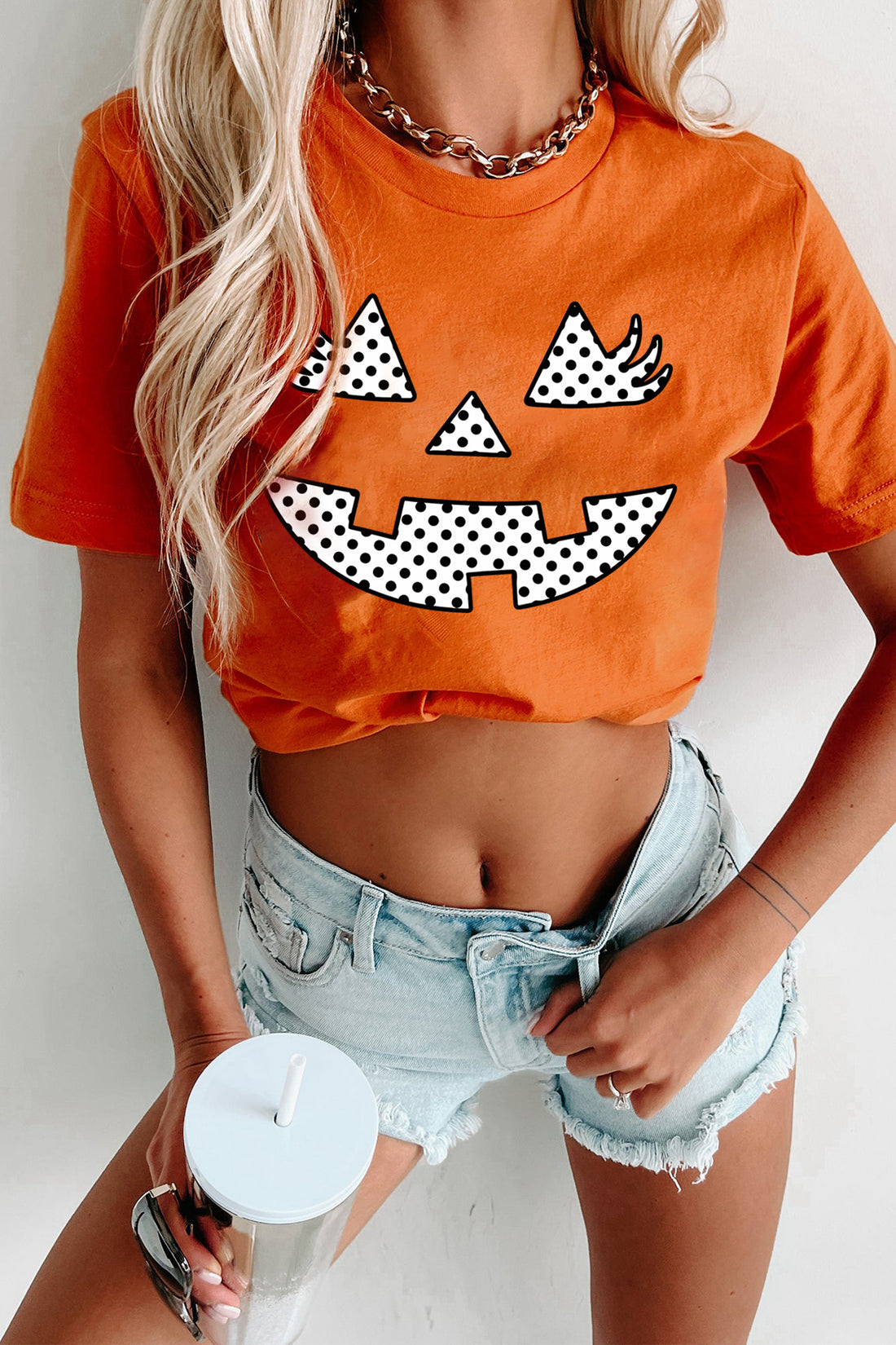 Orange Polka Dot Pumpkin Face Graphic Halloween Round Neck T Shirt