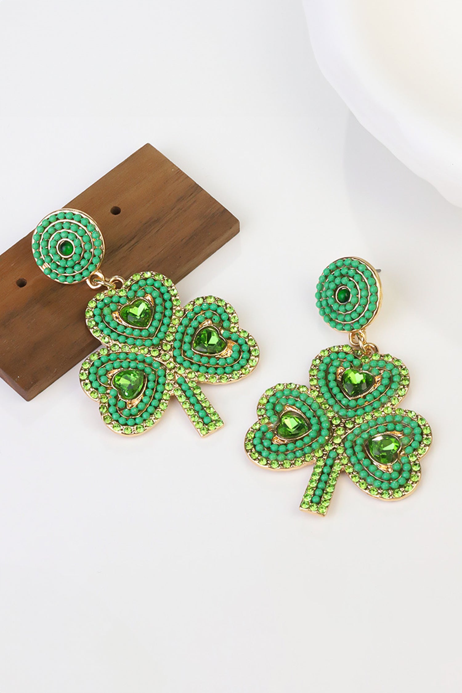 Green St Patrick Retro Beaded Clover Earrings