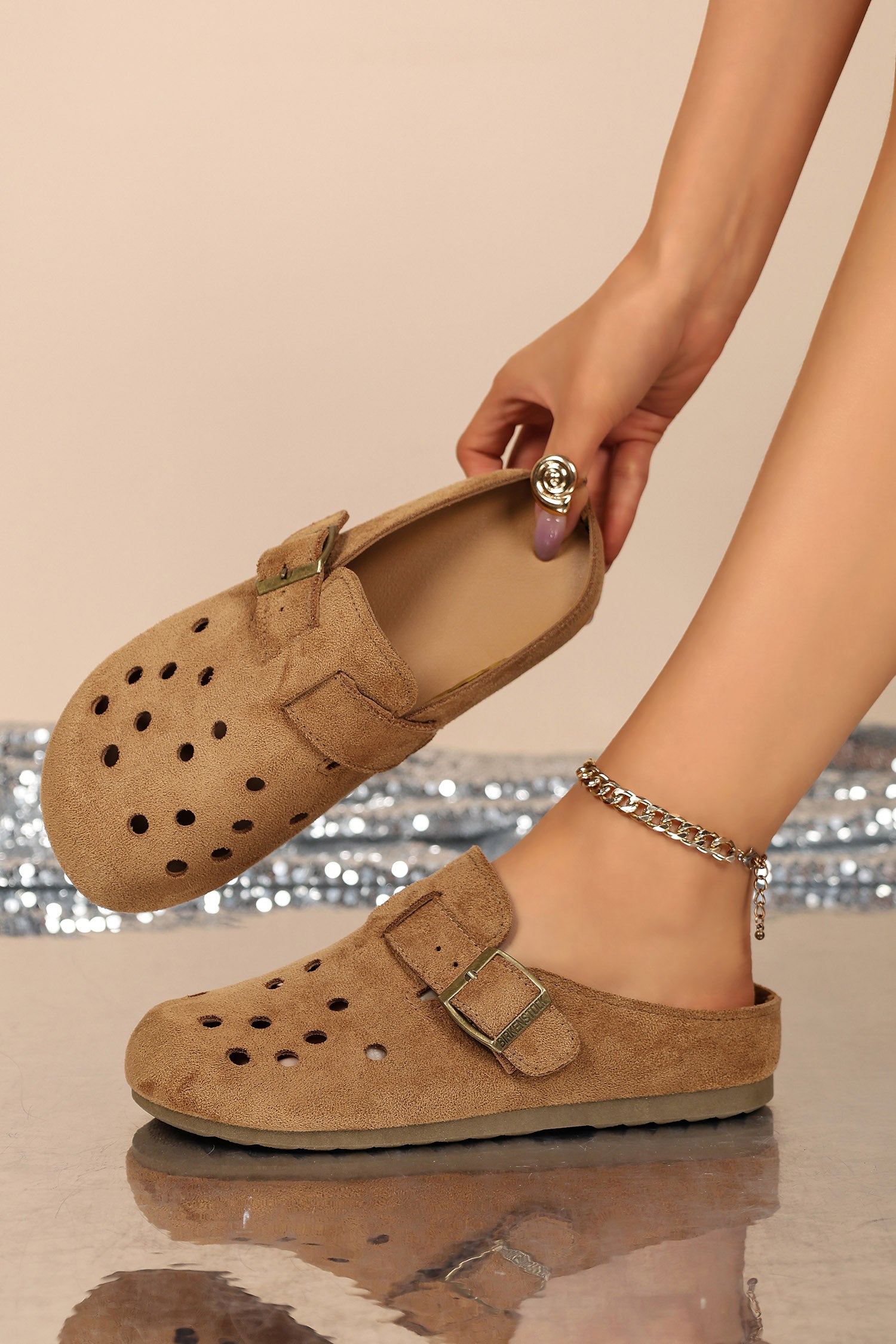 Coffee Faux Suede Retro Buckle Hollow Out Casual Mules Slippers
