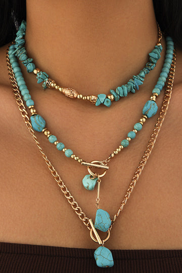 Gold Plated Toggle Clasp Turquoise Detail Cable Chain Layered Necklace Set