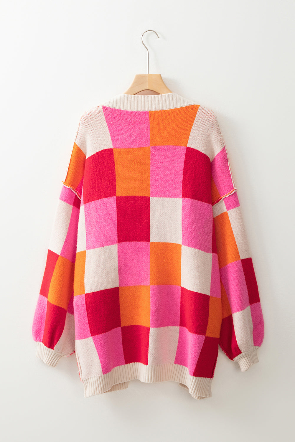 Red Light Checkered Drop Shoulder Exposed Seam Open Front Cardigan