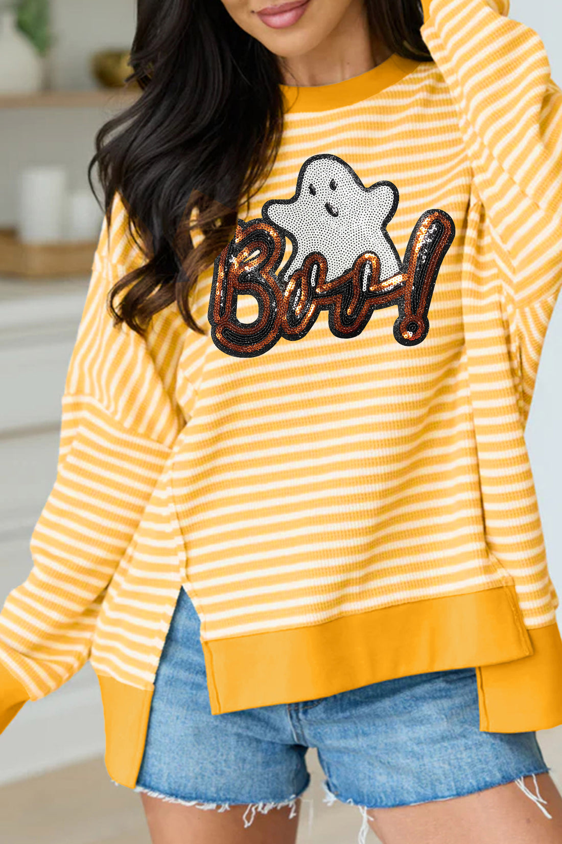 Khaki Stripe Boo Sequin Ghost Halloween Graphic Split Hem Long Sleeve Top