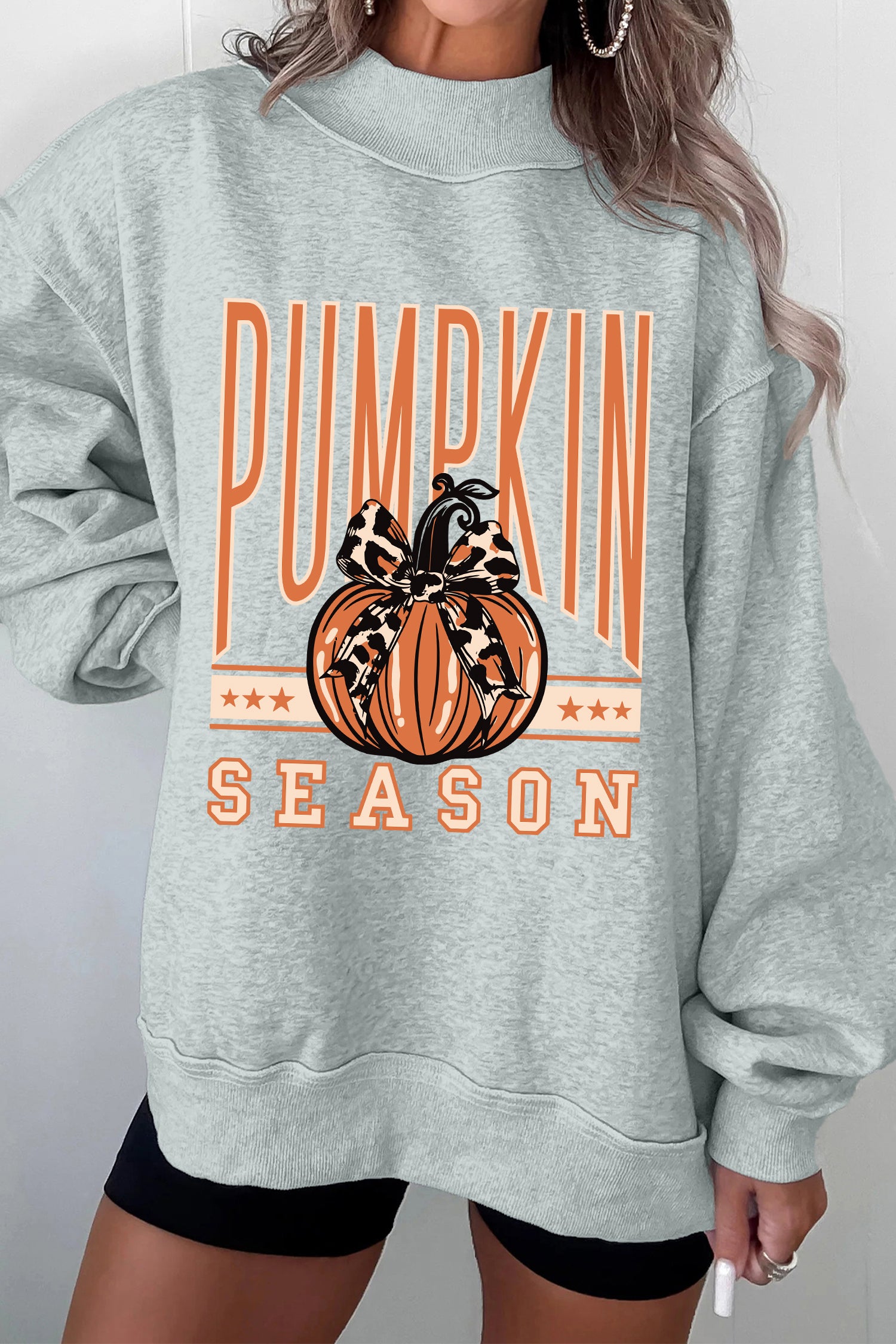 Gray Oversize Pumpkin Season Print Mock Neck Graphic Sweatshirt
