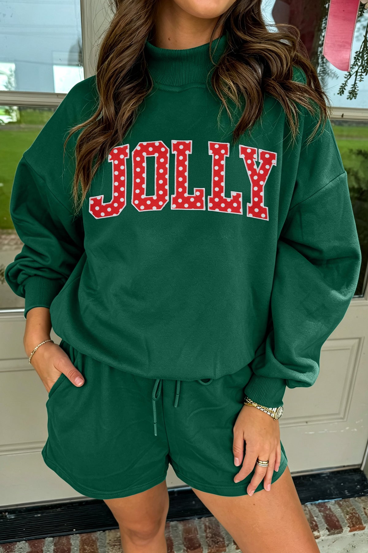 Dark Green Christmas Slogan Print Mock Neck Pullover and Shorts Set