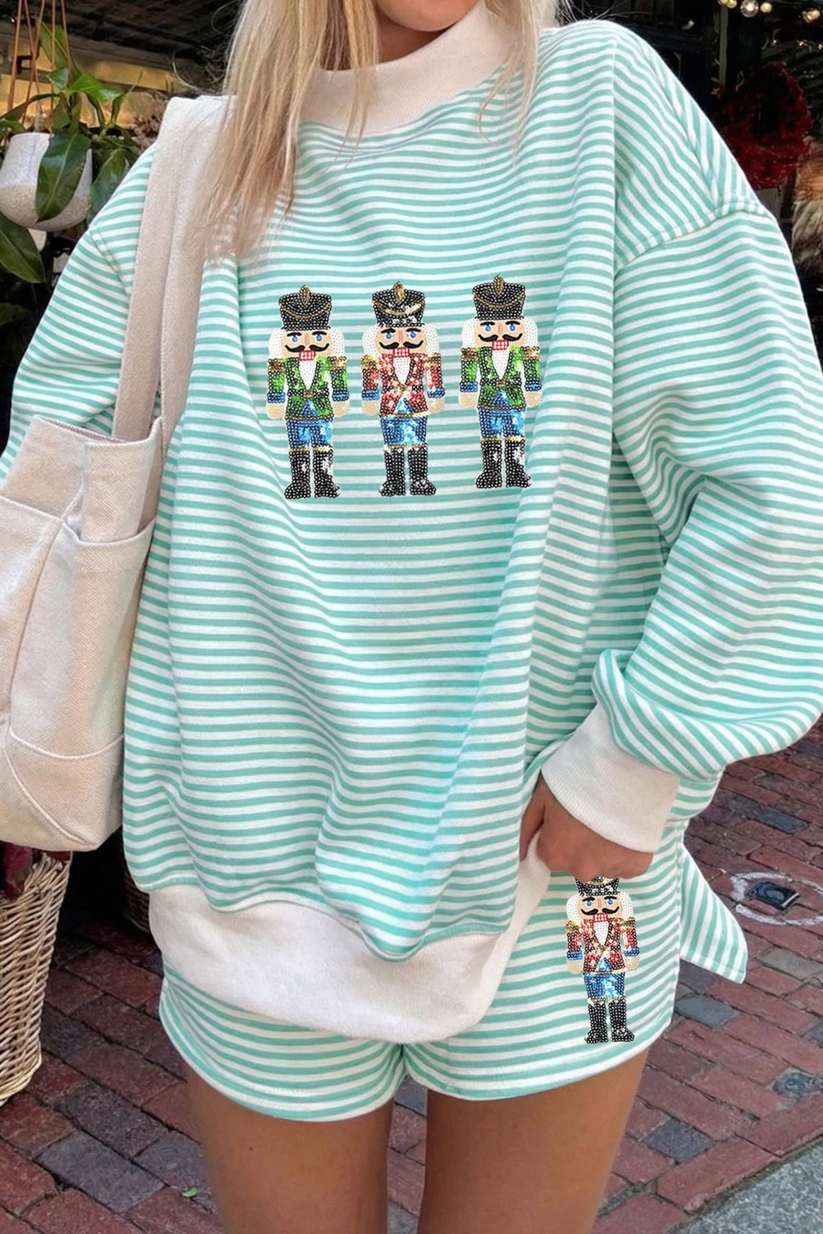 Green Stripe Sequin Nutcracker Graphic Long Sleeve Pullover and Shorts Set