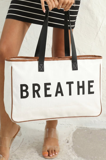White Canvas BREATHE Print Summer Beach Tote Bag