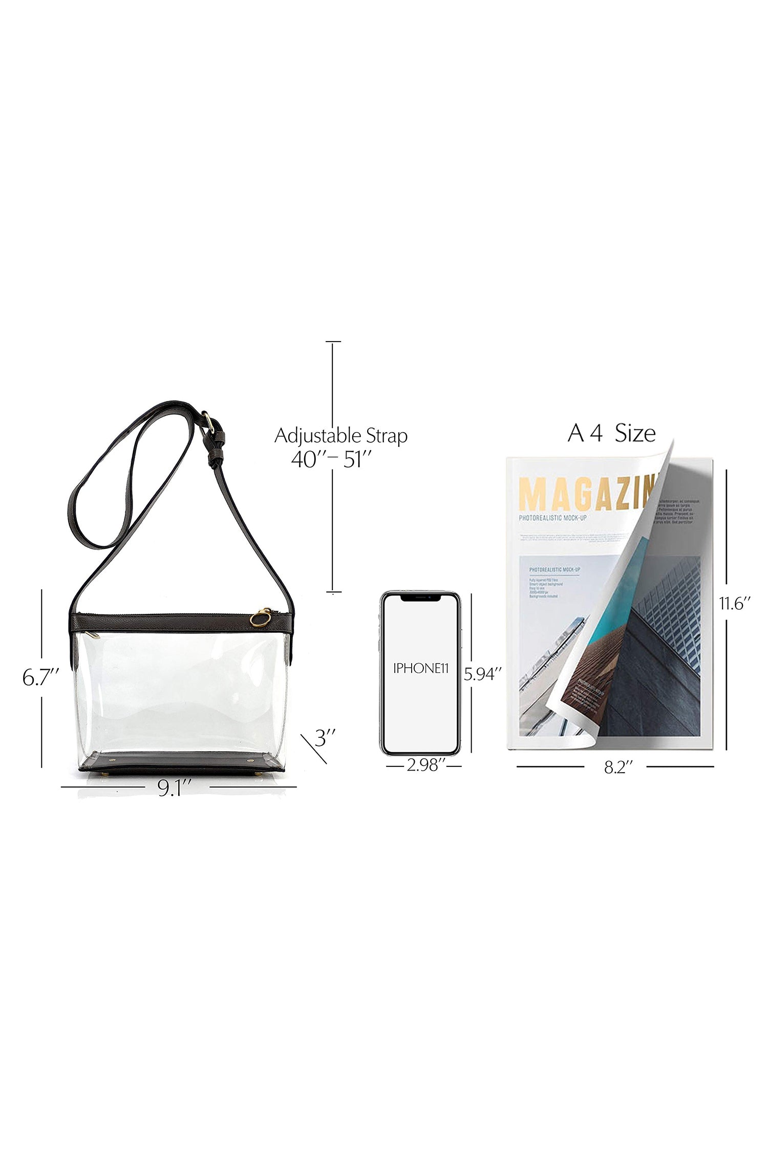 Color black PU Leather Patchwork Clear PVC Shoulder Bag