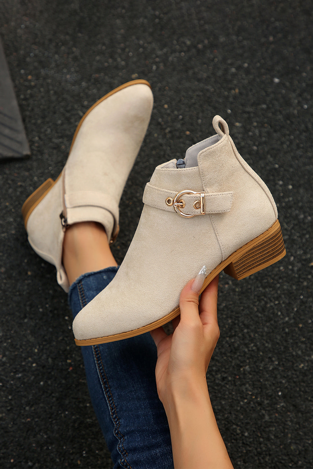 Beige Classic Buckle Strap Chunky Heel Suede Boots