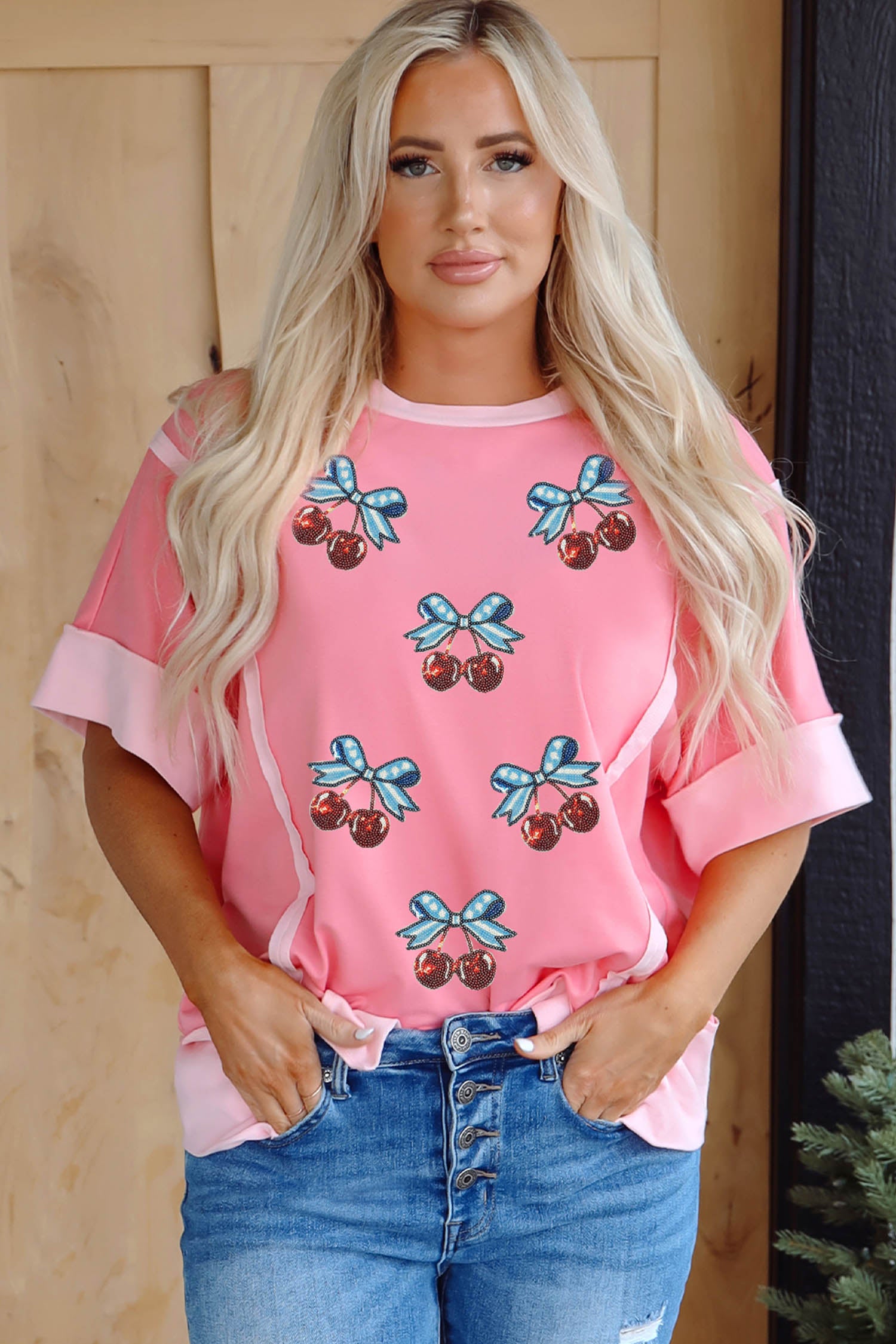 Peach Blossom Raw Seam Color Block Sequin Cherry Graphic Casual Shift Top