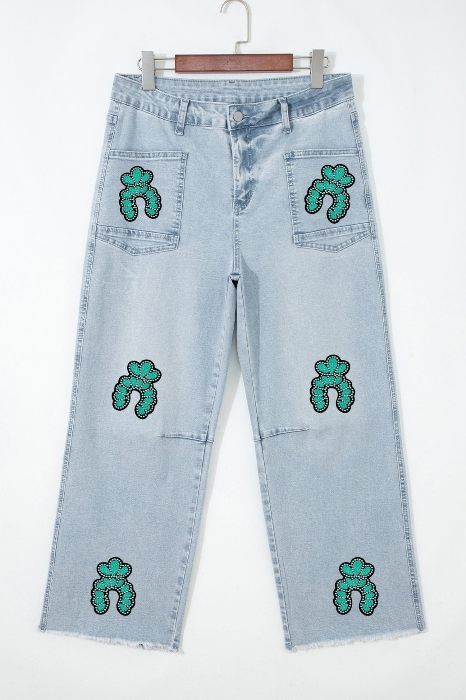 Beau Blue Turquoise Embroidered Patch Jeans Raw Hem Ankle-length Jeans