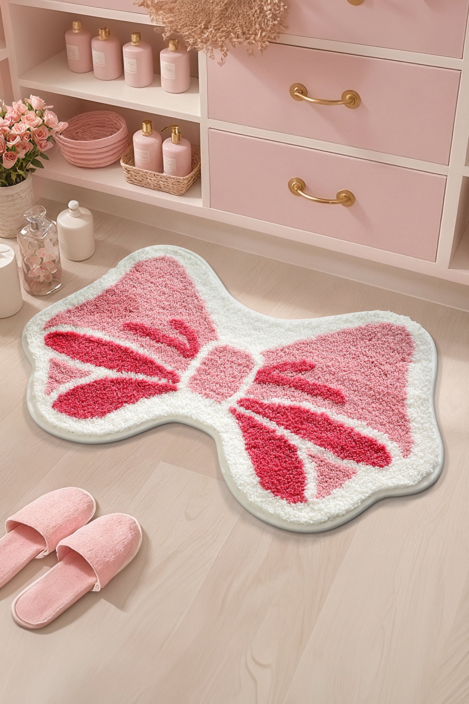 Pink Coquette Bow Plush Microfiber Absorbent Bath Mat