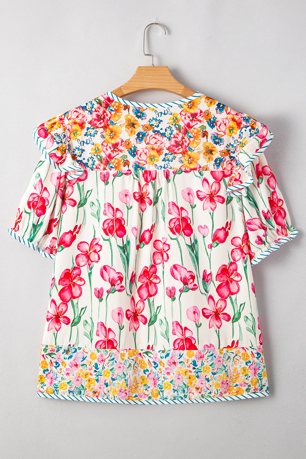Pink Plus Size Floral Print Striped Trim V Neck Blouse
