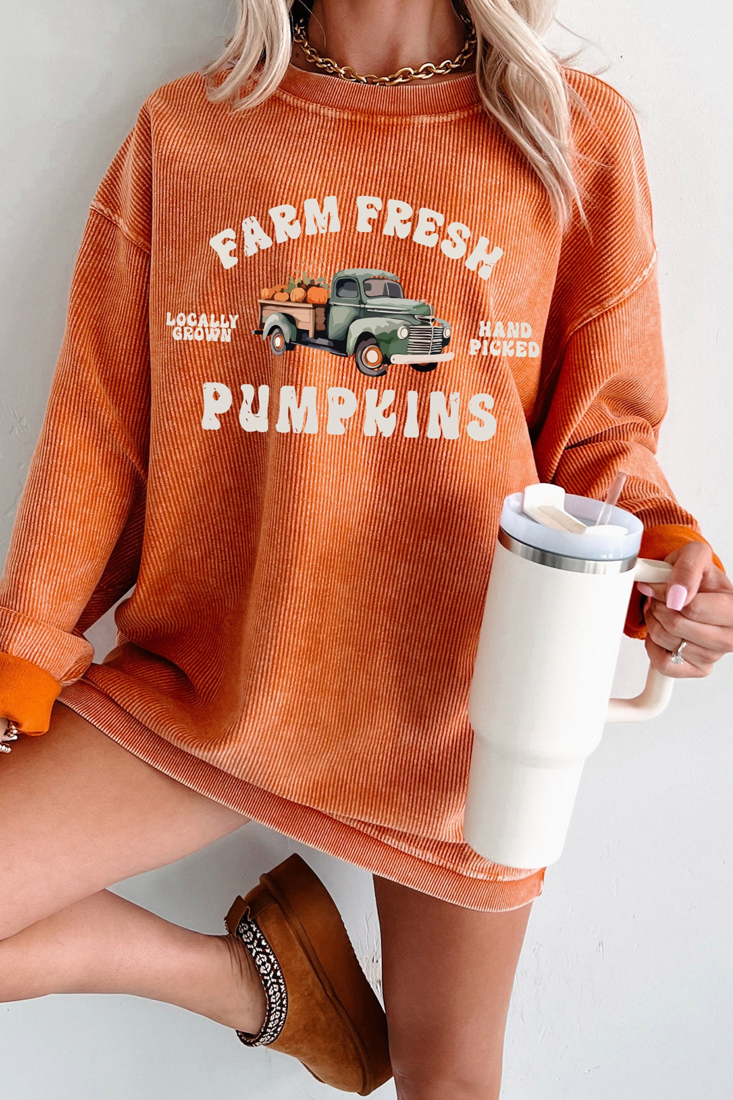 Orange Corded Ribbed Farm Fresh Pumpkins Graphic Pullover Sweatshirt