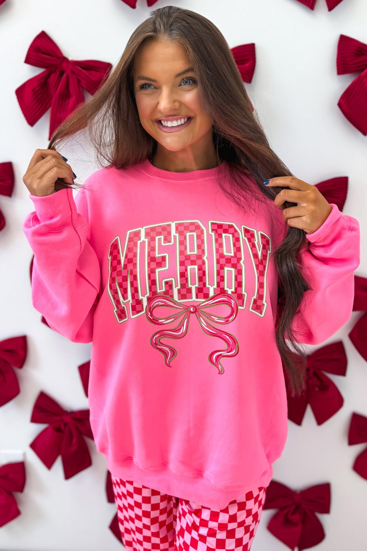 Pink Christmas Slogan Graphic Plaid Contrast Two-piece Pant Set