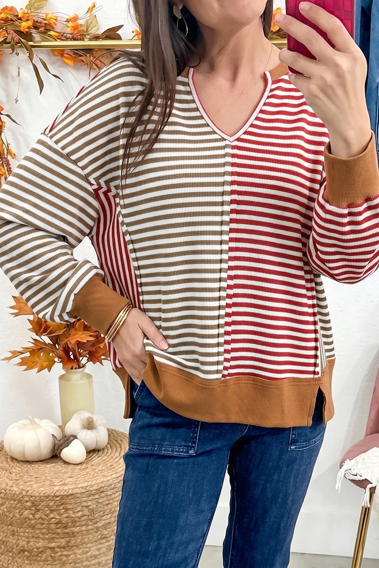 Red Striped Colorblock V Neck Long Sleeve Top