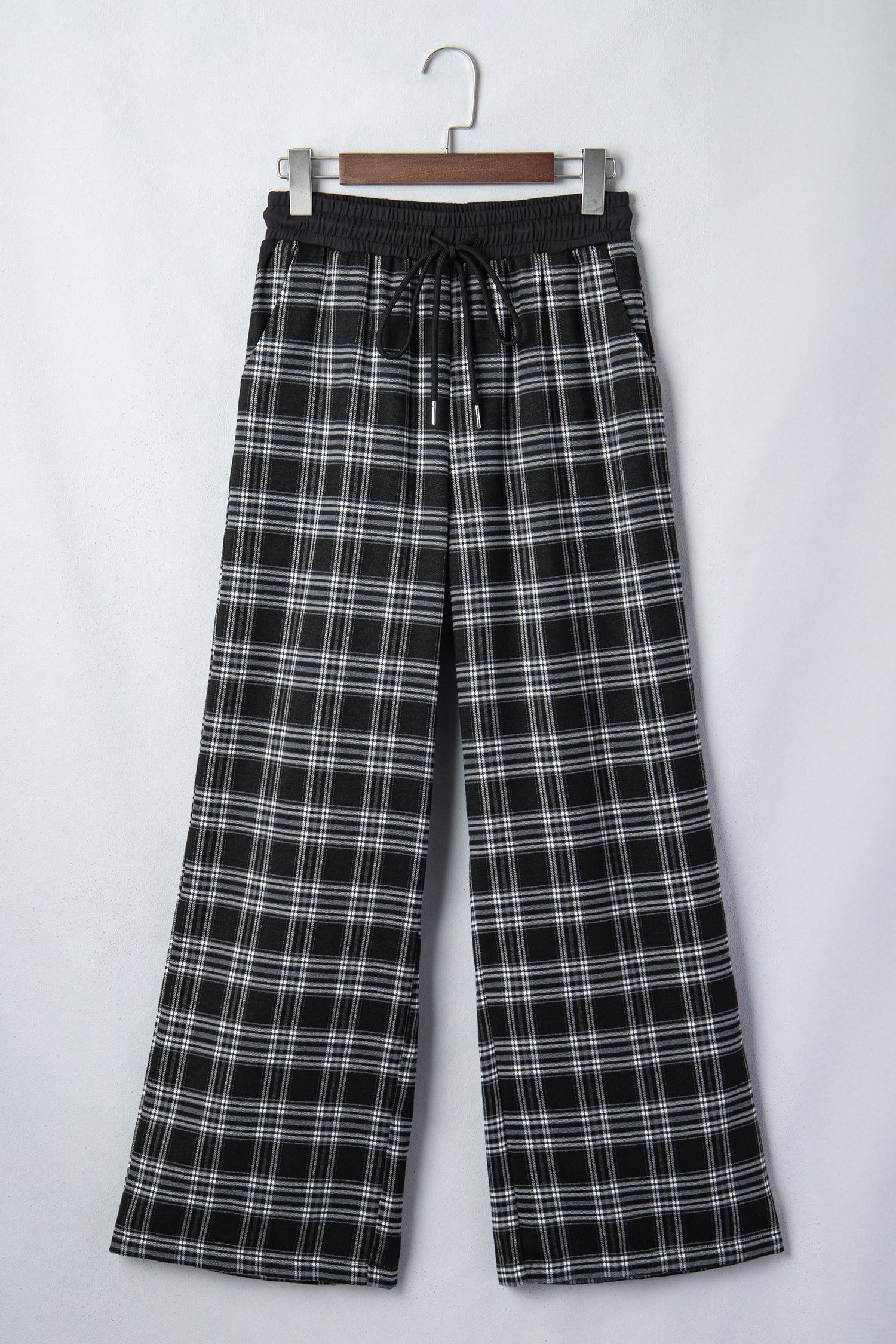 Black Frenchy Plaid Pattern Contrast Drawstring Waist Wide Leg Pants