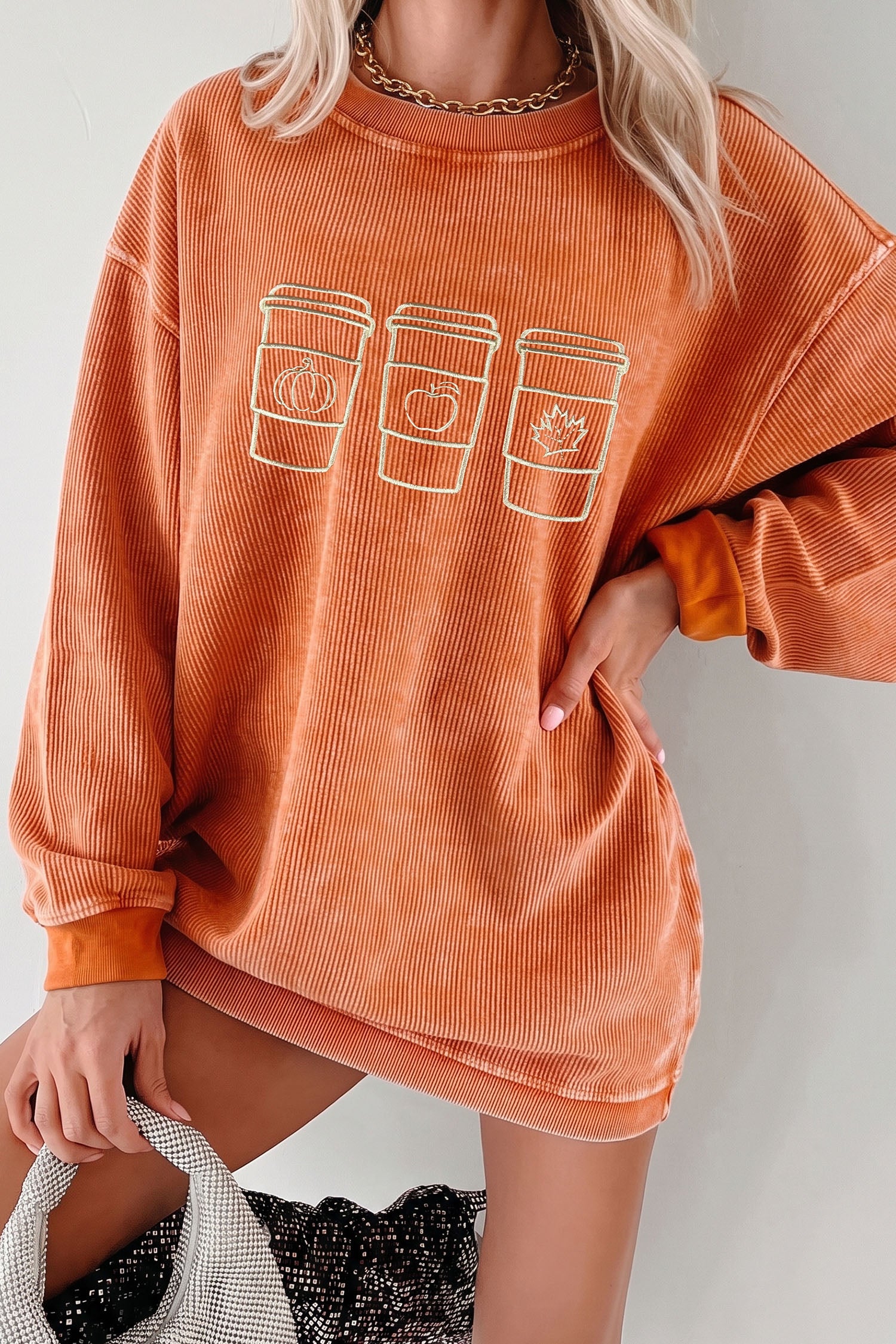 Orange Ribbed Texture Embroidered Fall Drinks Graphic Sweatshirt