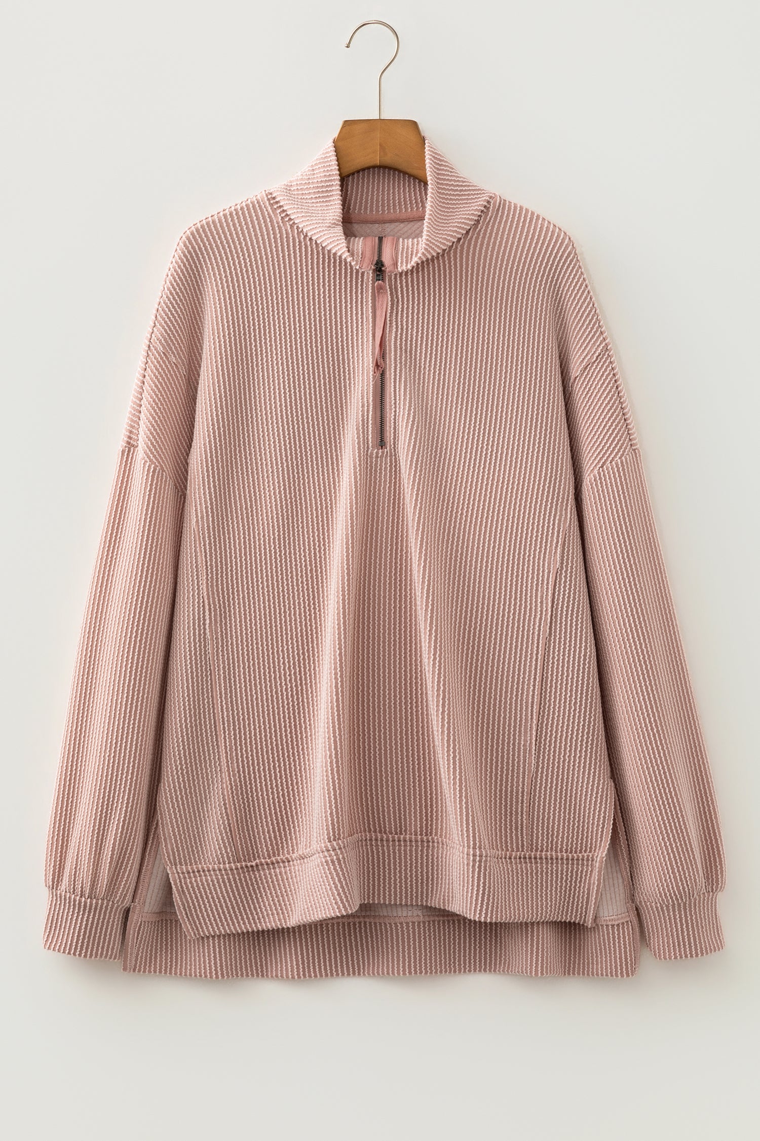 Oatmeal Twist Ribbed Zipper Collar Drop Shoulder Long Sleeve Top