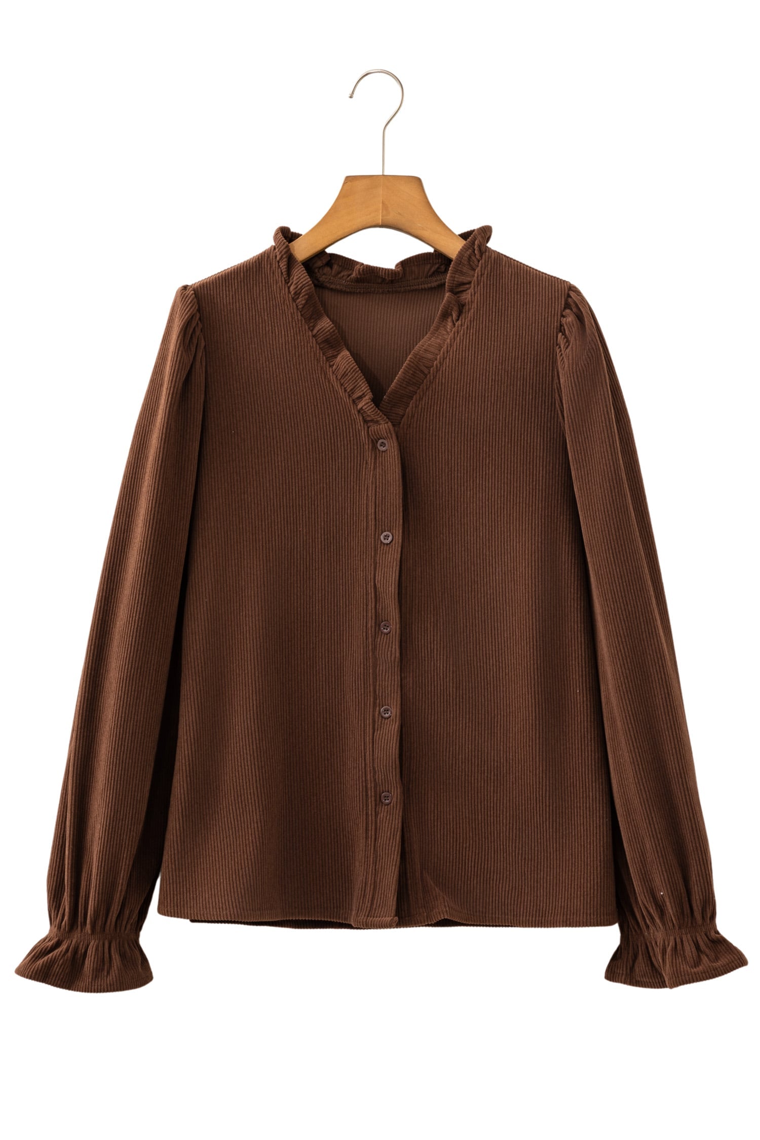 Coffee Solid Color Ruffle Trim V Neck Long Sleeve Button Corduroy Shakcet