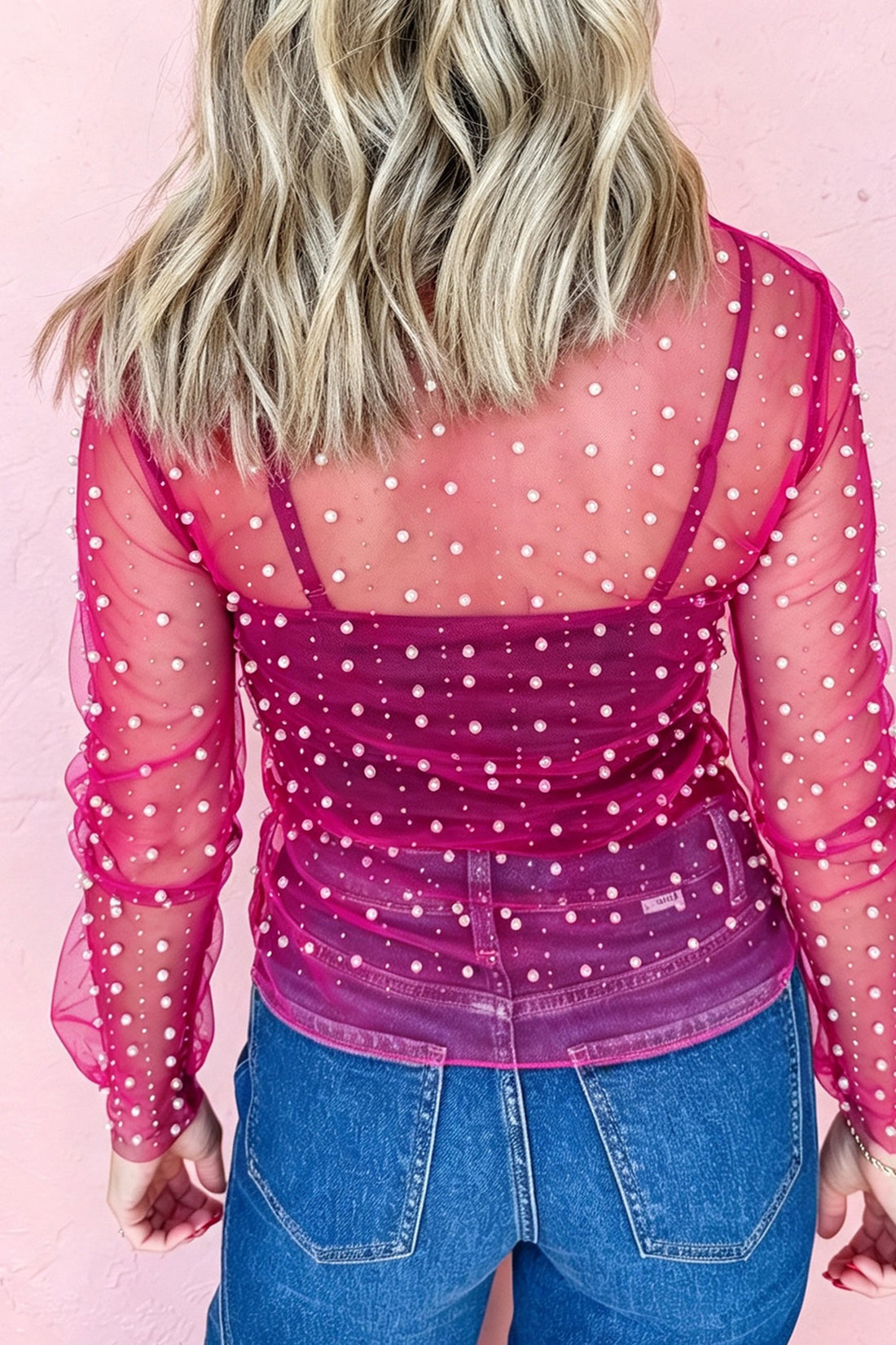 Rose Red Pearl Beaded Mesh Long Sleeve Raw Hem Top