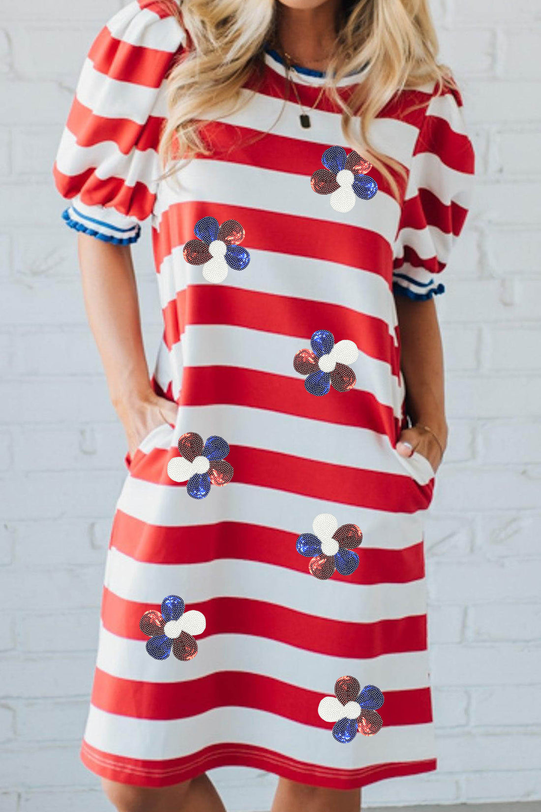 Red Stripe Patriotic Sequin Flowers Short Puff Sleeve T Shirt Shift Dress