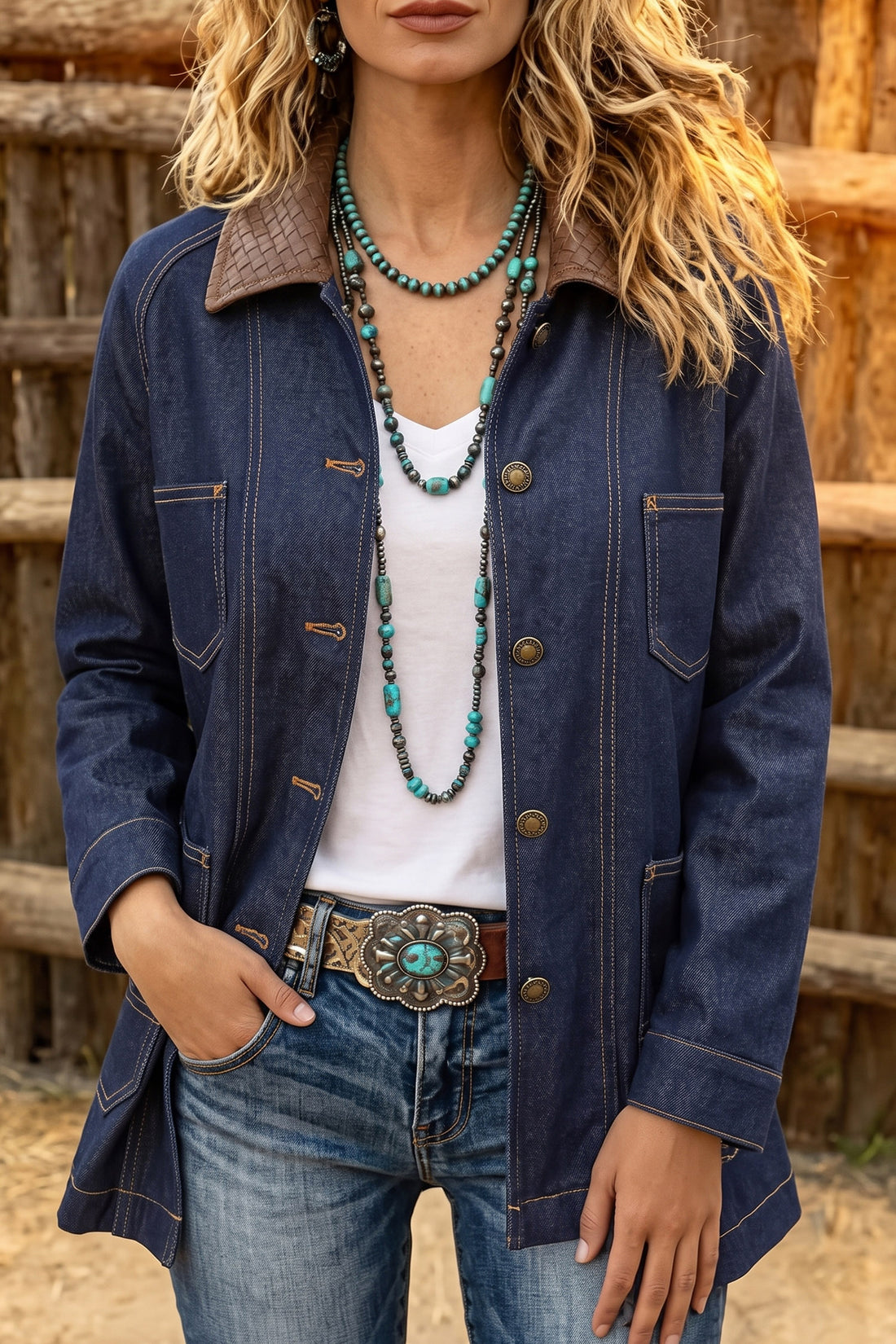 Navy Blue Contrast Collar Stitched Detail Button Denim Jacket
