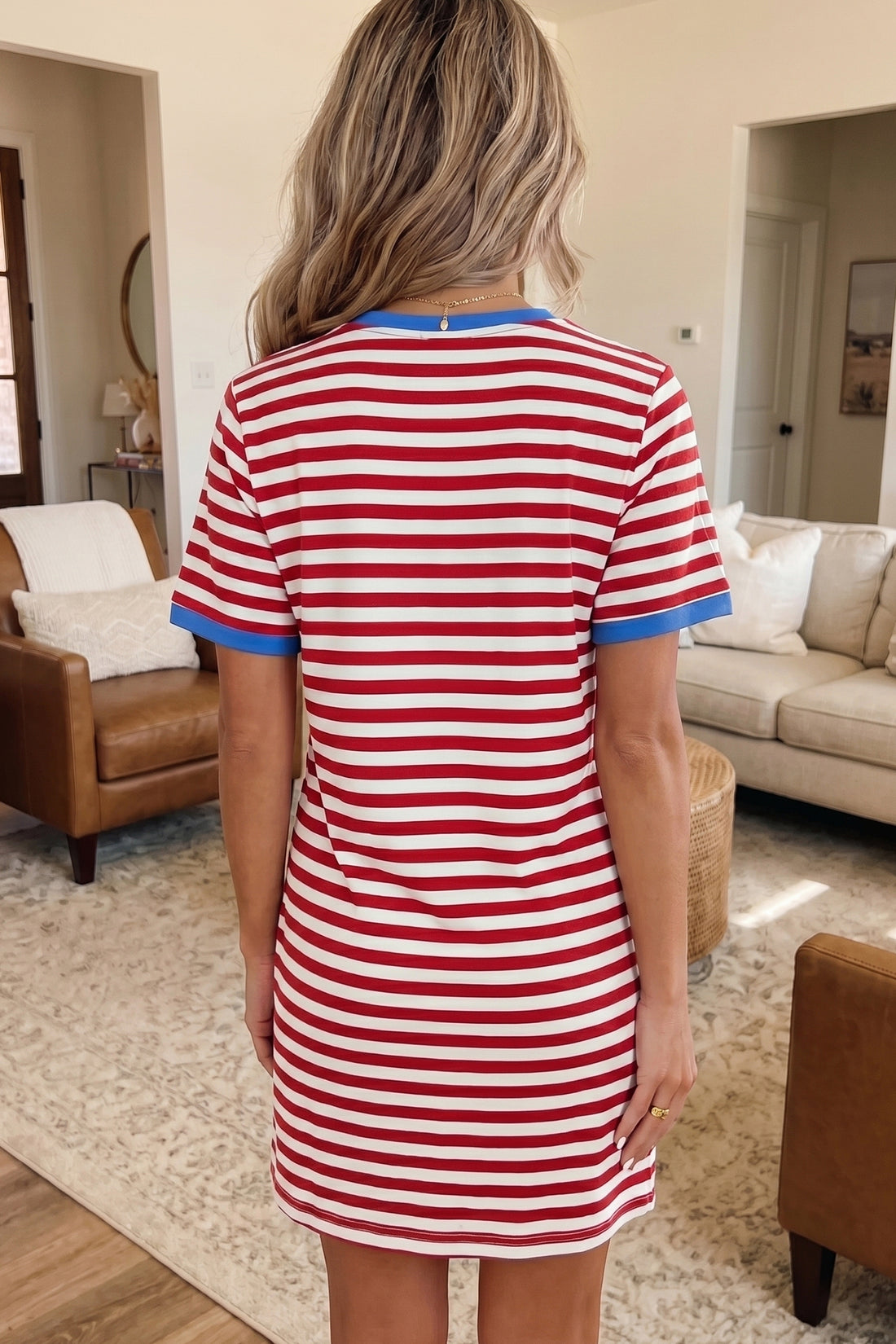 Red Nautical Tie Contrast Trim Round Neck T Shirt Mini Dress