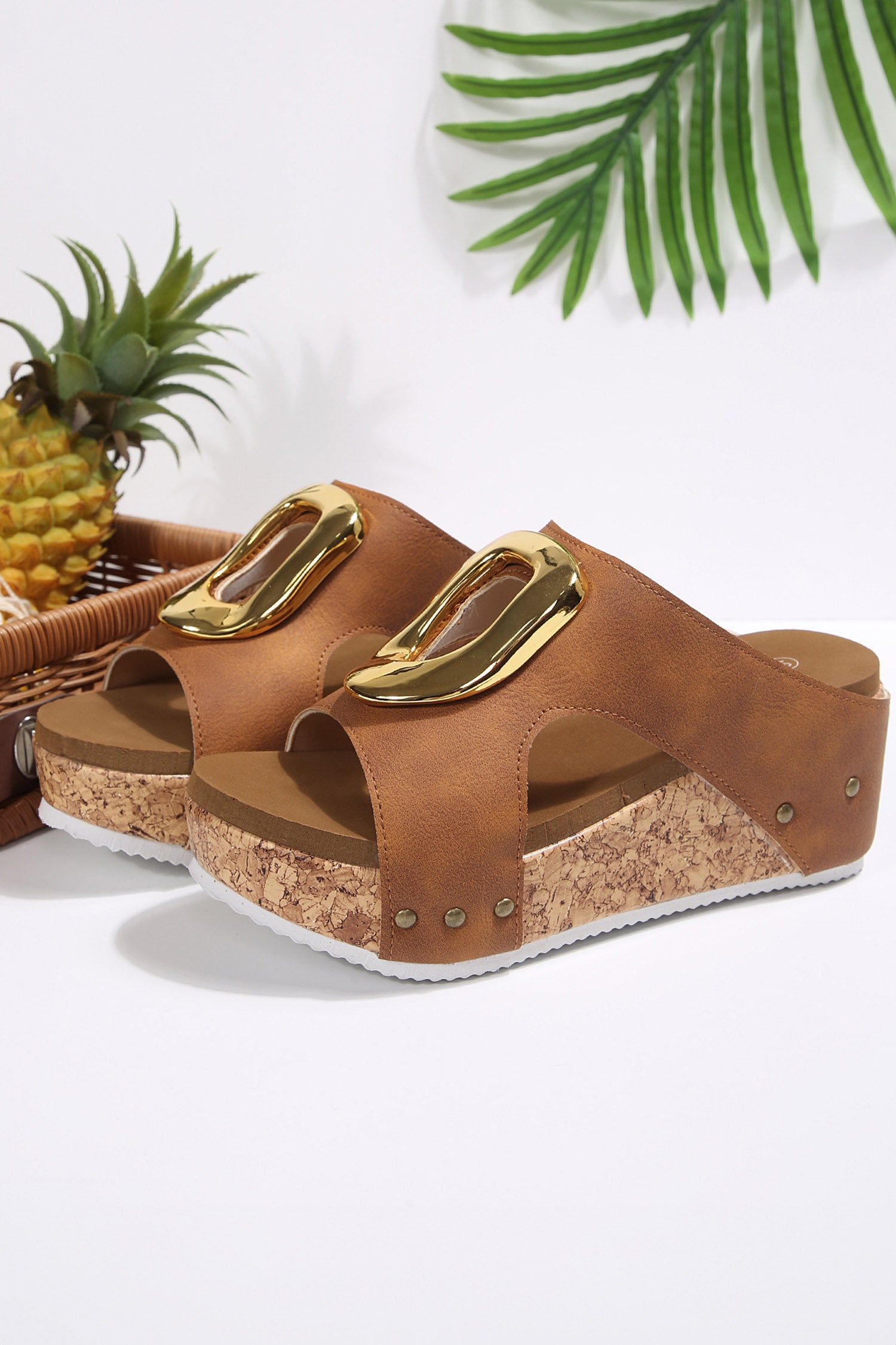 Chestnut Retro Suede Cutout Gold Buckle Detail Platform Wedge Slippers