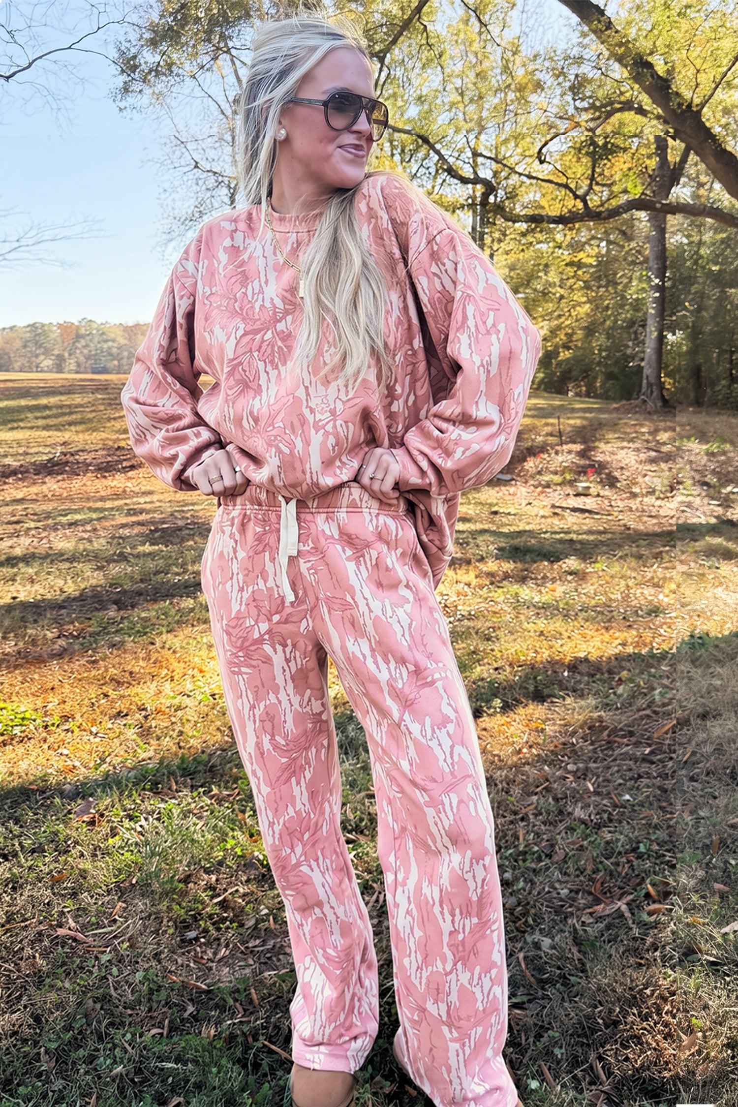 Pink Abstract Floral Print Loose Pullover Drawstring Pants 2pcs Set