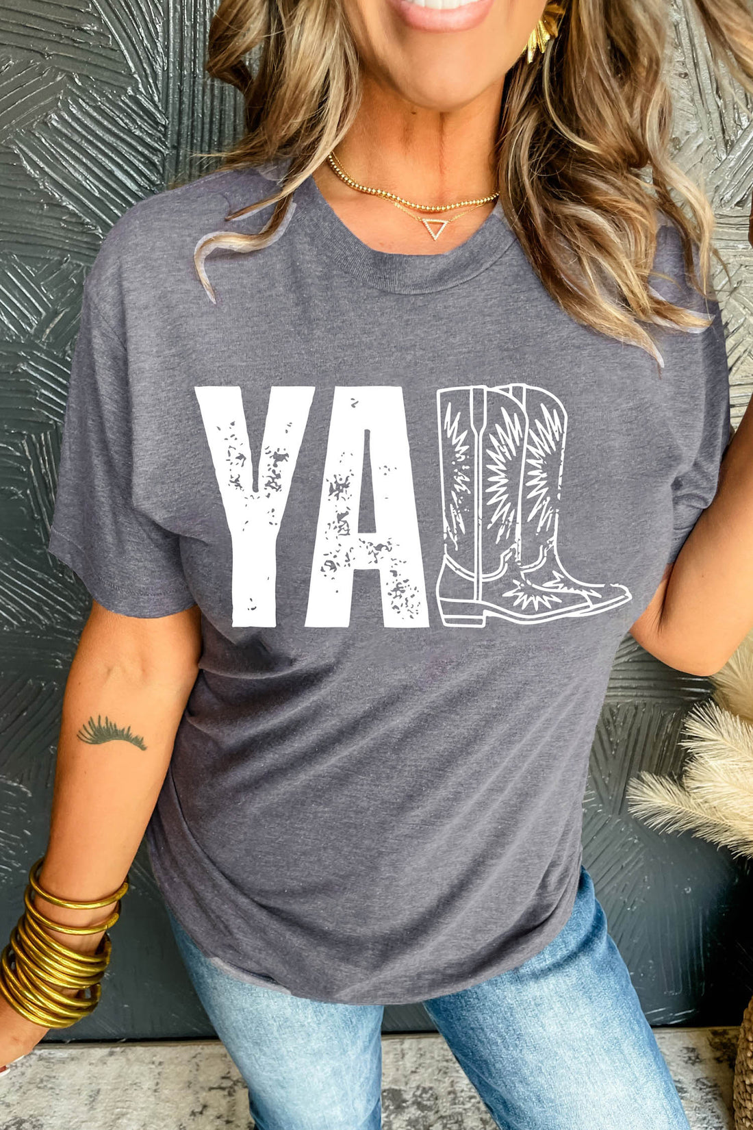 Gray Western YALL Boots Print Round Neck Casual T Shirt