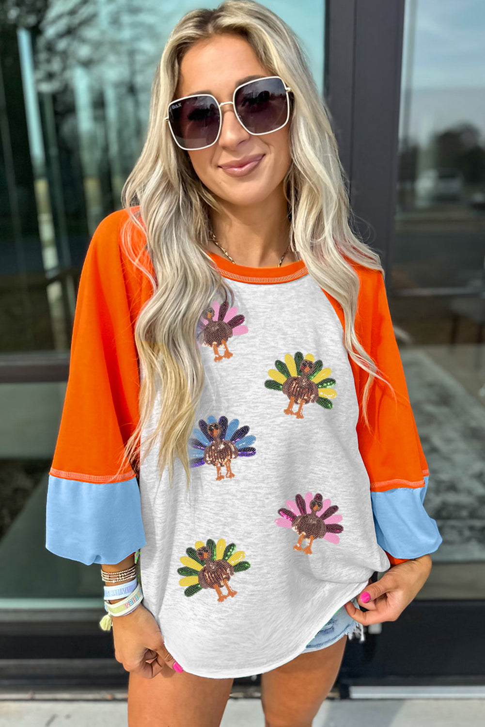 Light Grey Thanksgiving Turkey Sequin Graphic Color Block Long Raglan Sleeve Top