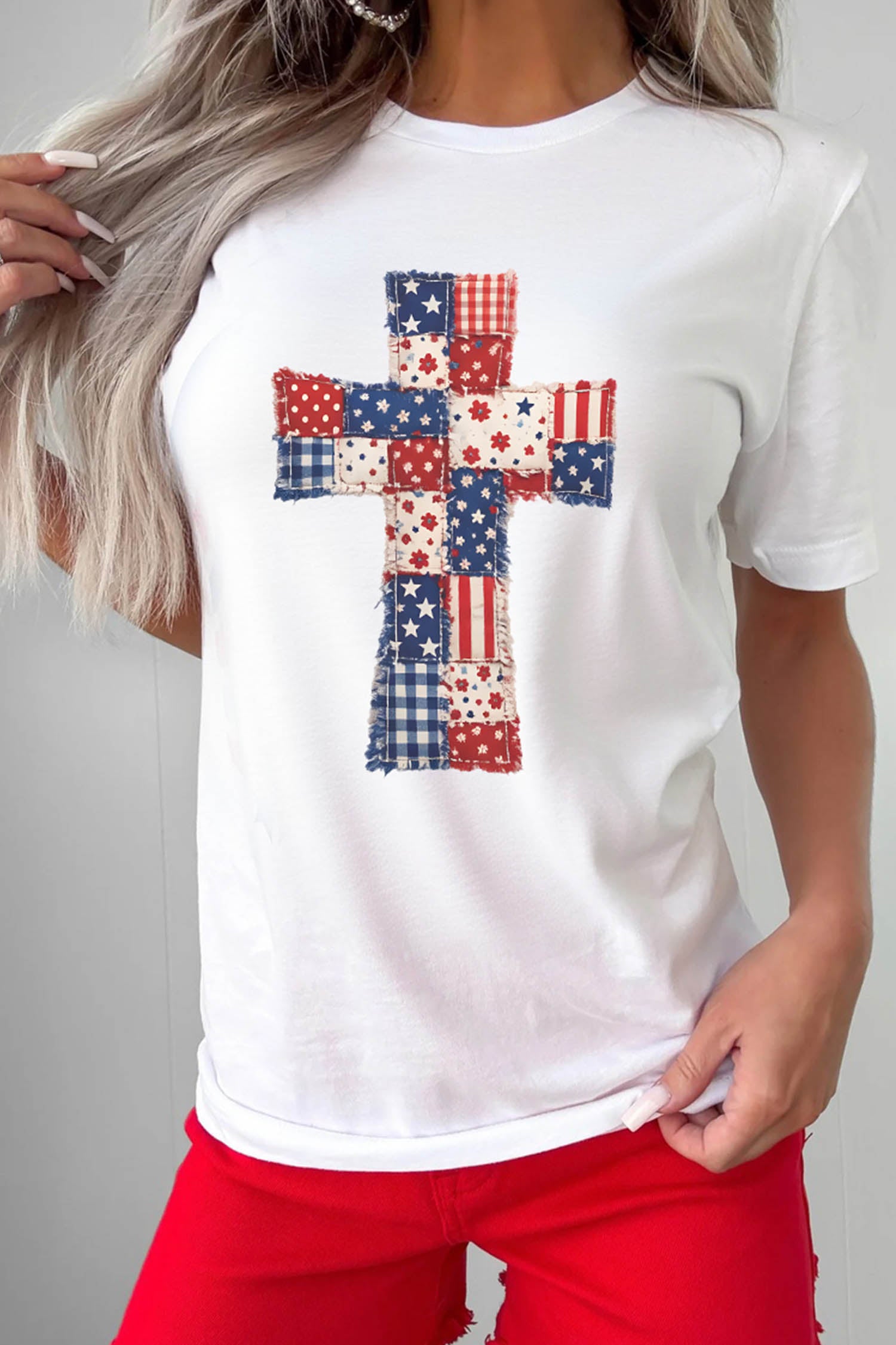 White Faux Patchwork Print Patriotic Cross Tee