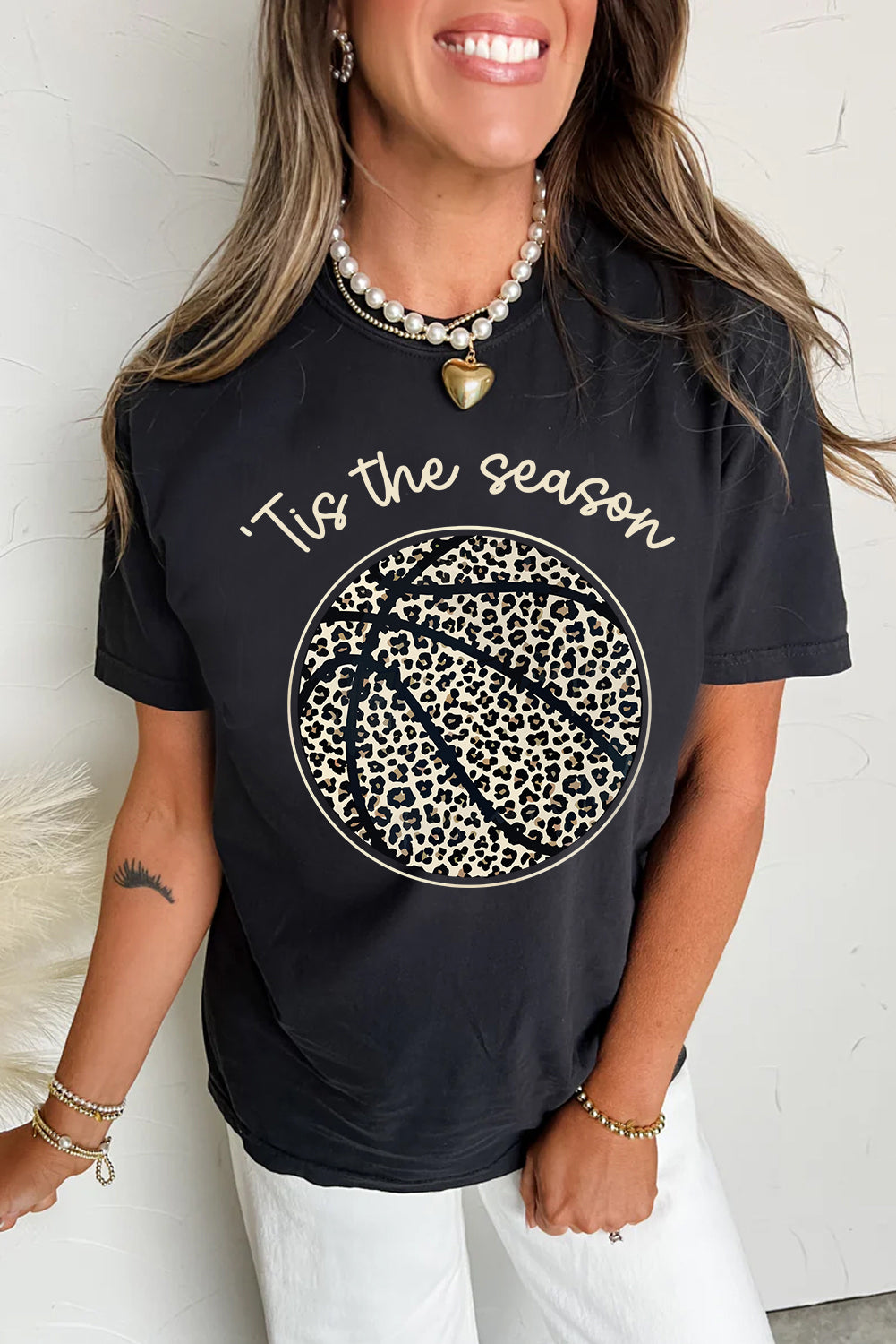 Black Leopard Basketball Printed Crew Neck Tee