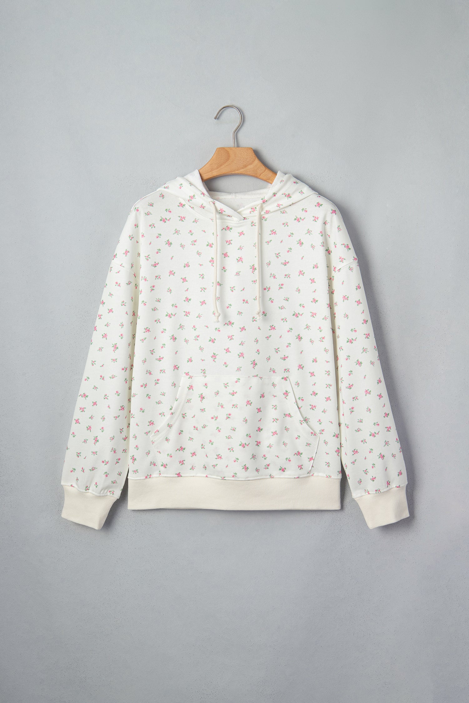 White Floral Print Ribbing Drawstring Hem Long Sleeve Hoodie