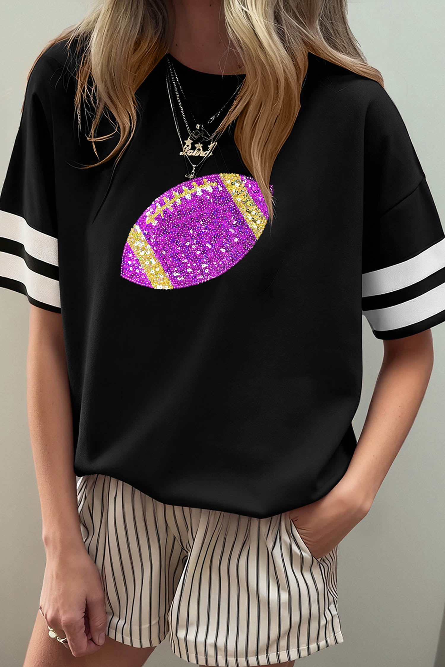 Black Round Neck Short Sleeve Glitter Football Patchwork Casual T-shirt