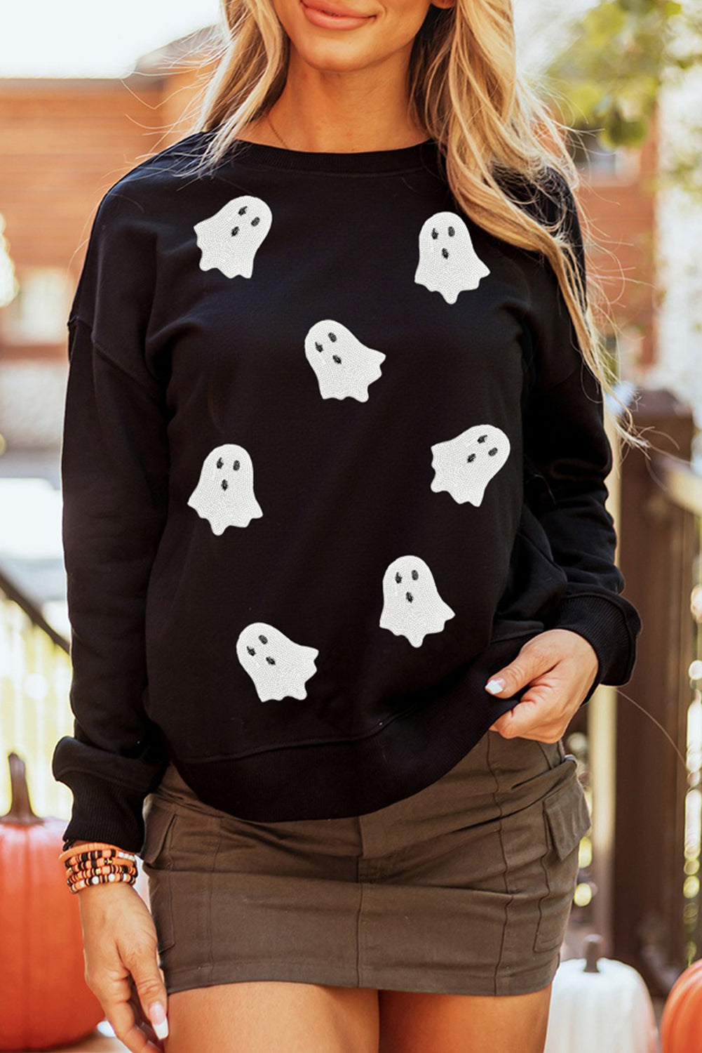 Black Sequin Halloween Ghost Patched Drop Shoulder Sweatshirt
