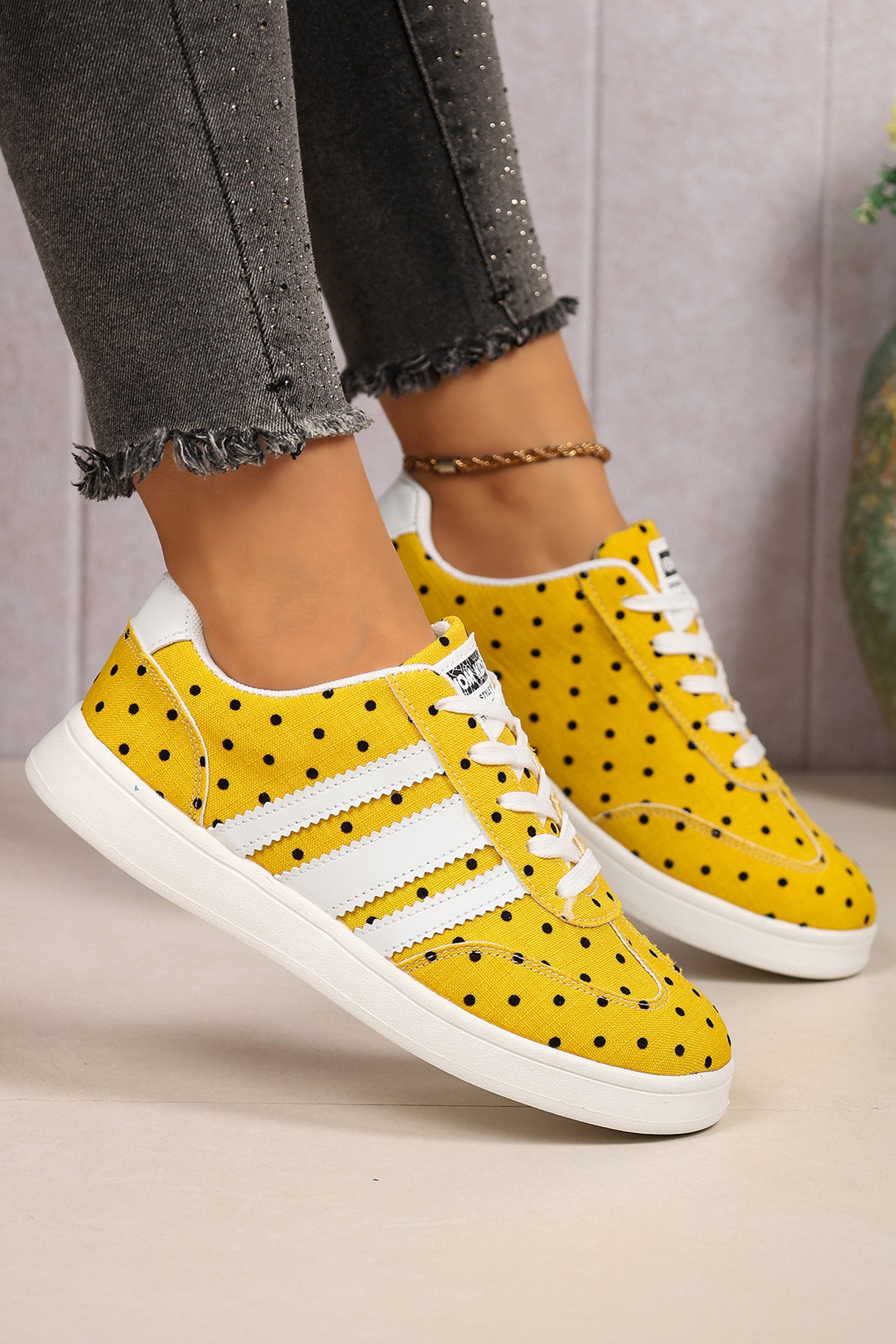 Ginger Polka Dot Print PU Leather Detail Lace Up Casual Shoes