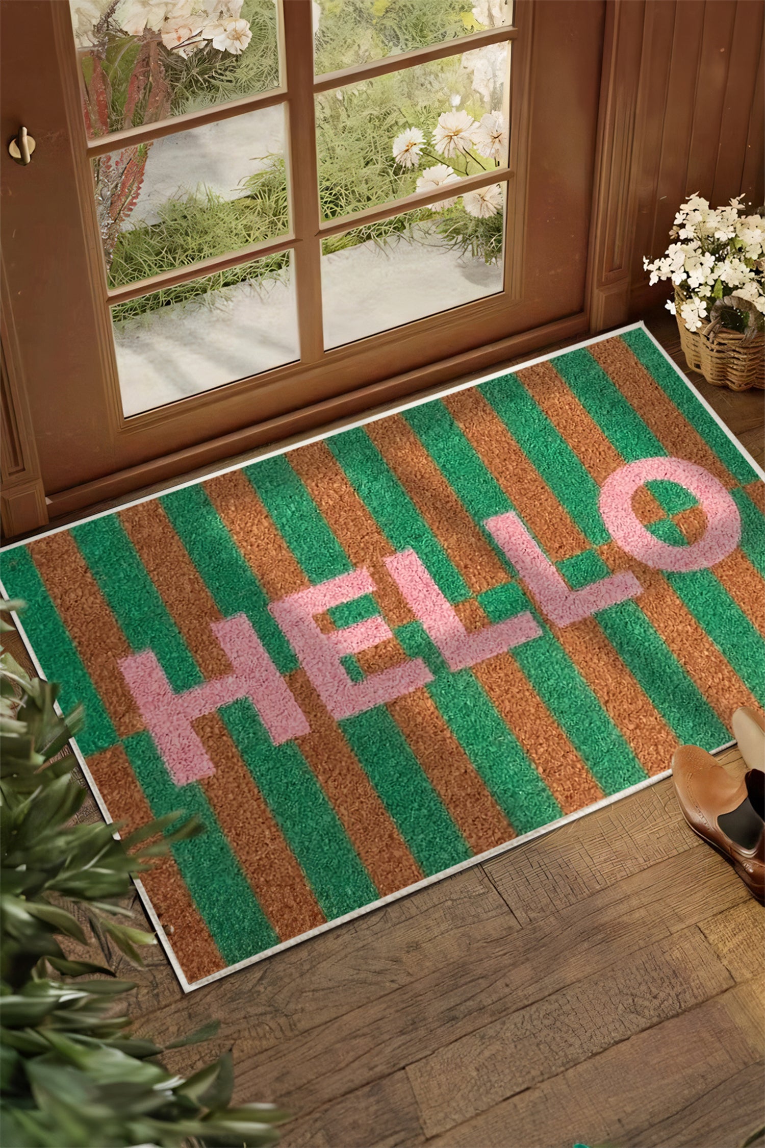 Bright Green Striped Printed HELLO Crystal Velvet Doormat