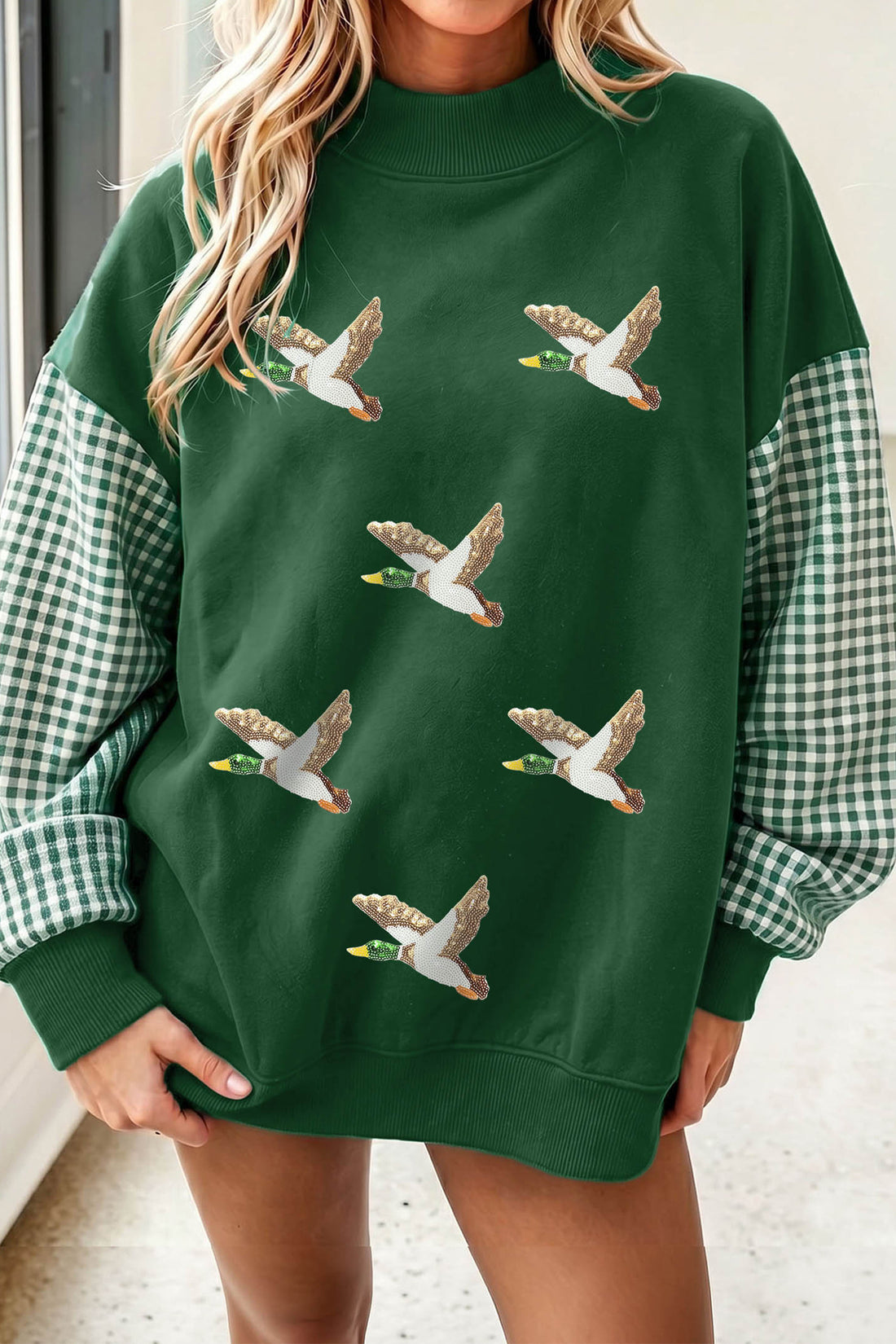 Evergreen Sequin Mallard Graphic Plaid Contrast Sleeve Pullover Sweatshirt