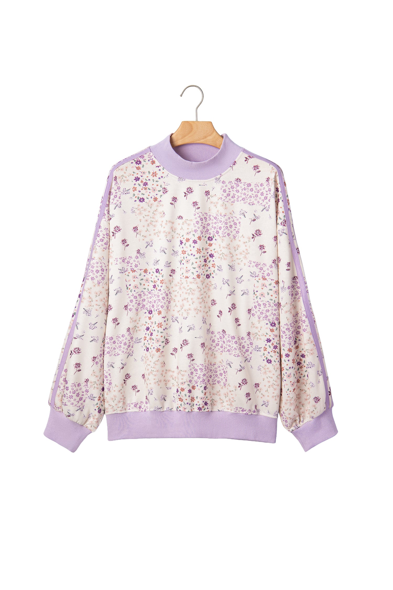 Purple Floral Print High Neck Colorblock Sleeve Paneling Sweatshirt