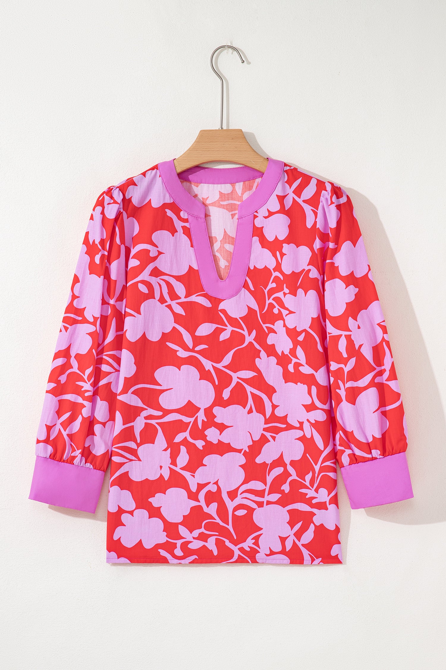 Red Floral Print Split V Neck Cuffed Bracelet Sleeve Blouse