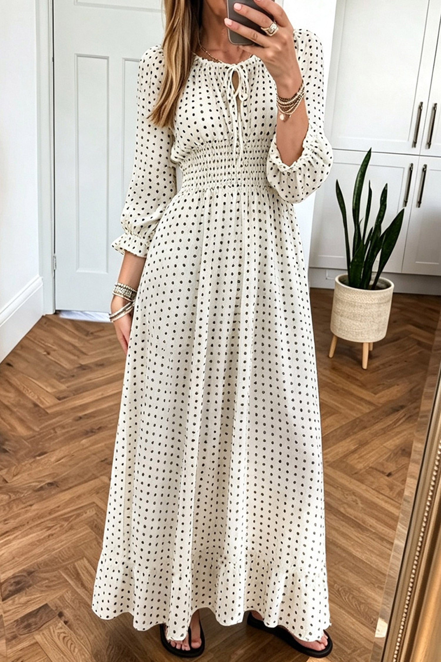 White Polka Dot Cinched Waist Long Sleeve Maxi Dress
