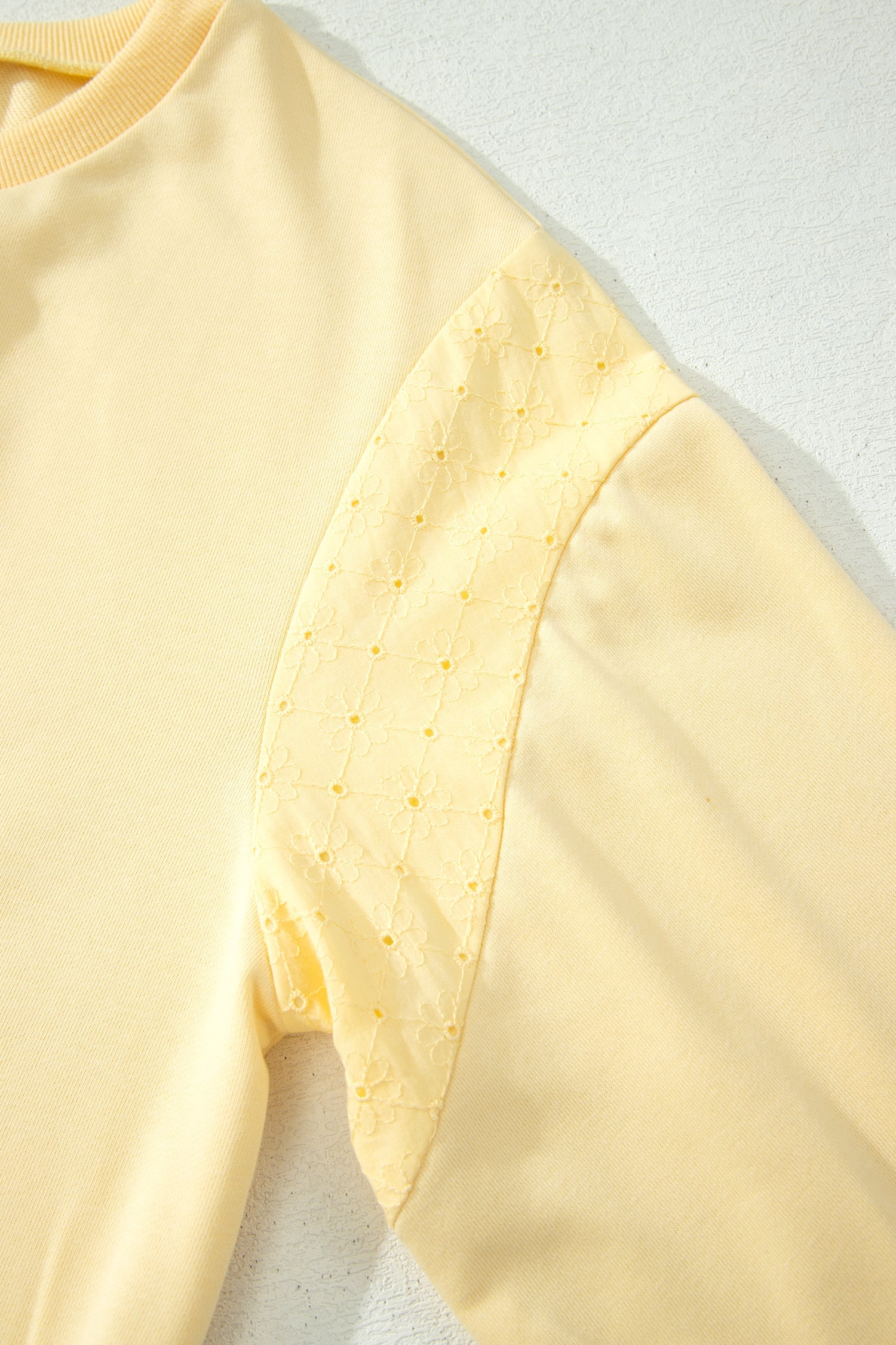 Yellow Cream Eyelet Embroidered Lace Patchwork Cropped Pullover Drawstring Pants Set