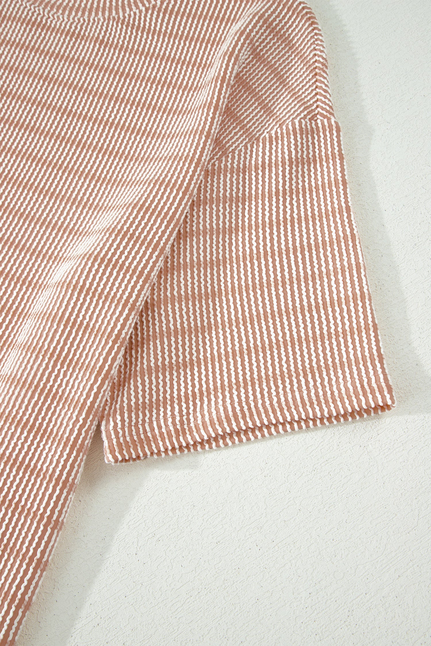 Khaki Stripe Raised Rib Loose Tee Drawstring Elastic Waist 2pcs Short Set