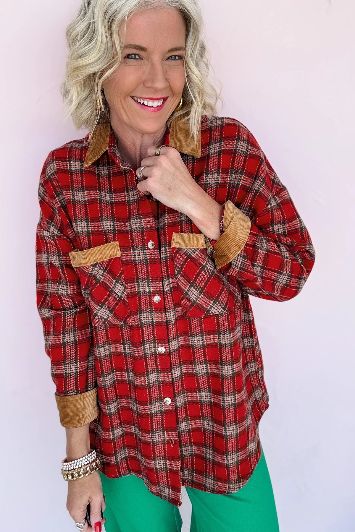 Red Casual Plaid Color Block Collared Button Shacket