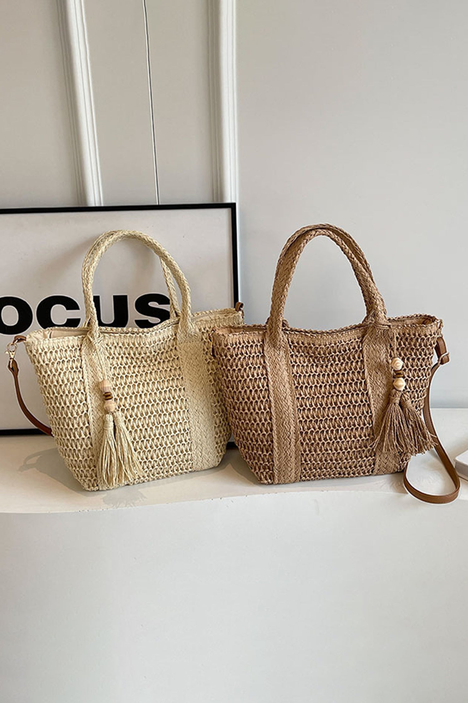 Light French Beige Rattan Woven Beach Vacation Shoulder Tote Bag