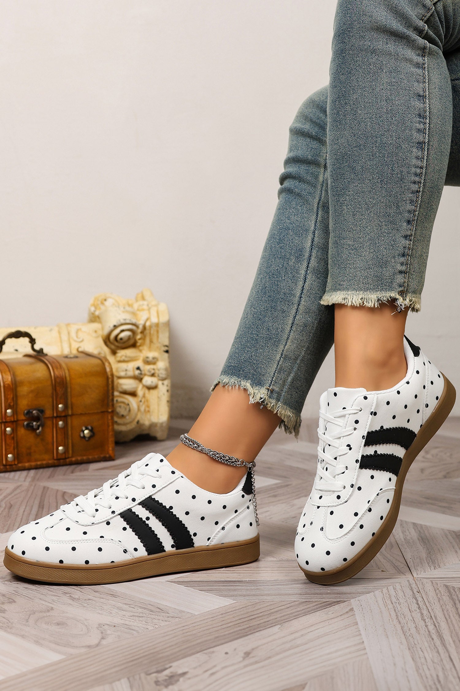 White Polka Dot Print PU Leather Color Block Detail Casual Sneakers