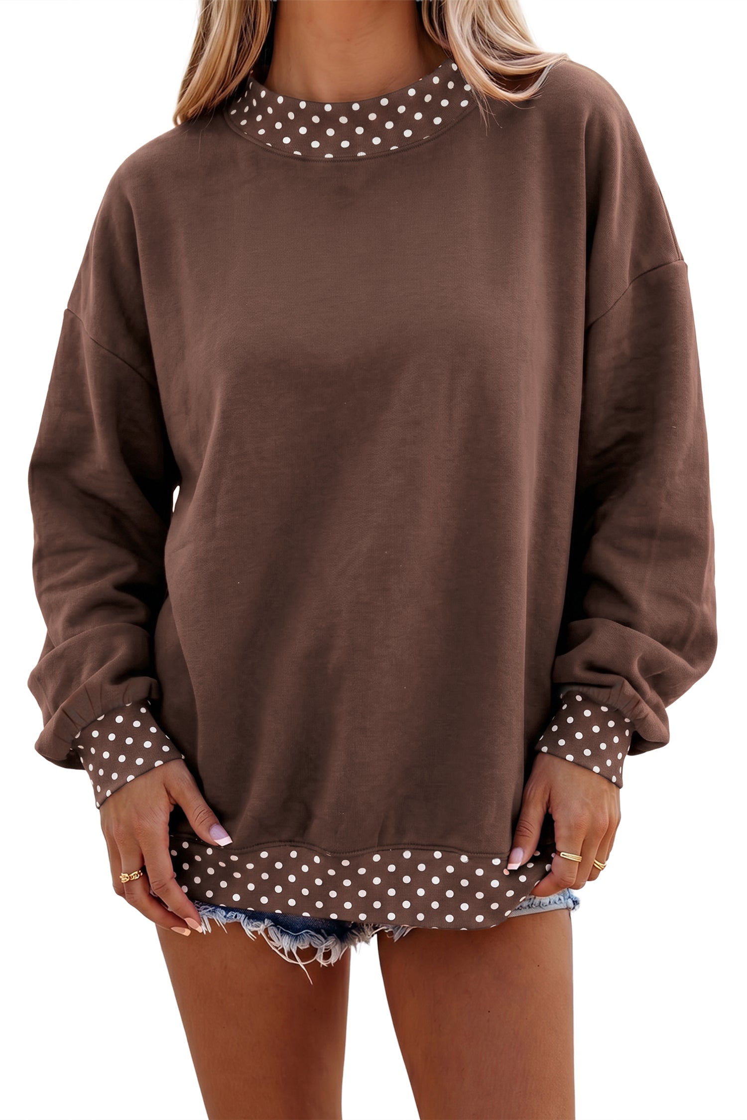 Brown Colorblock Polka Dot Contrast Trim Oversized Sweatshirt